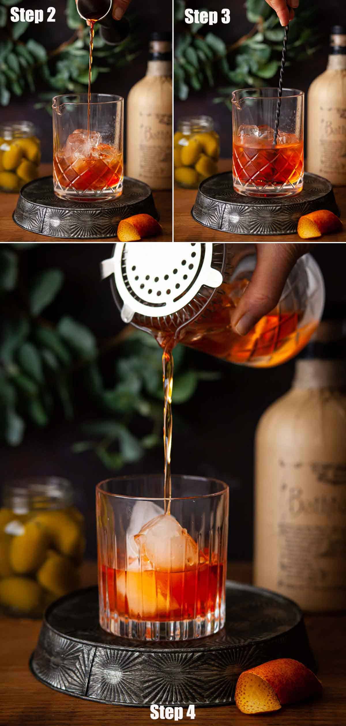 Collage of images showing a cocktail being made.