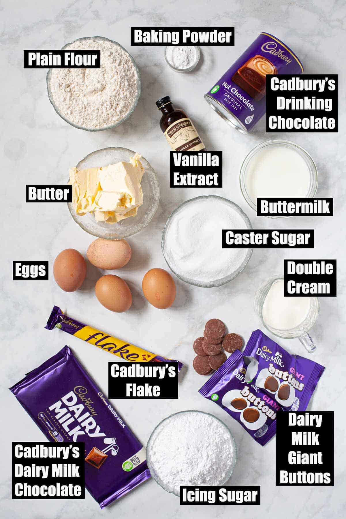 Ingredients for a drinking chocolate cake with text overlay.