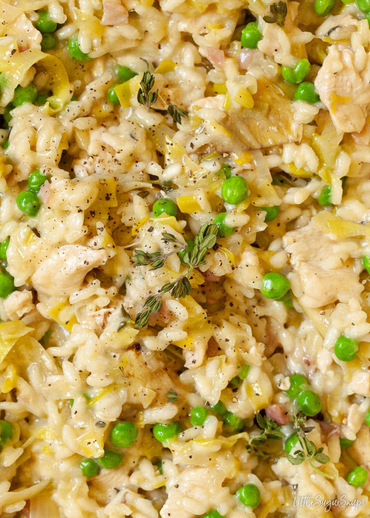 Close-up view of creamy risotto rice with leeks, chicken, bacon, and peas.