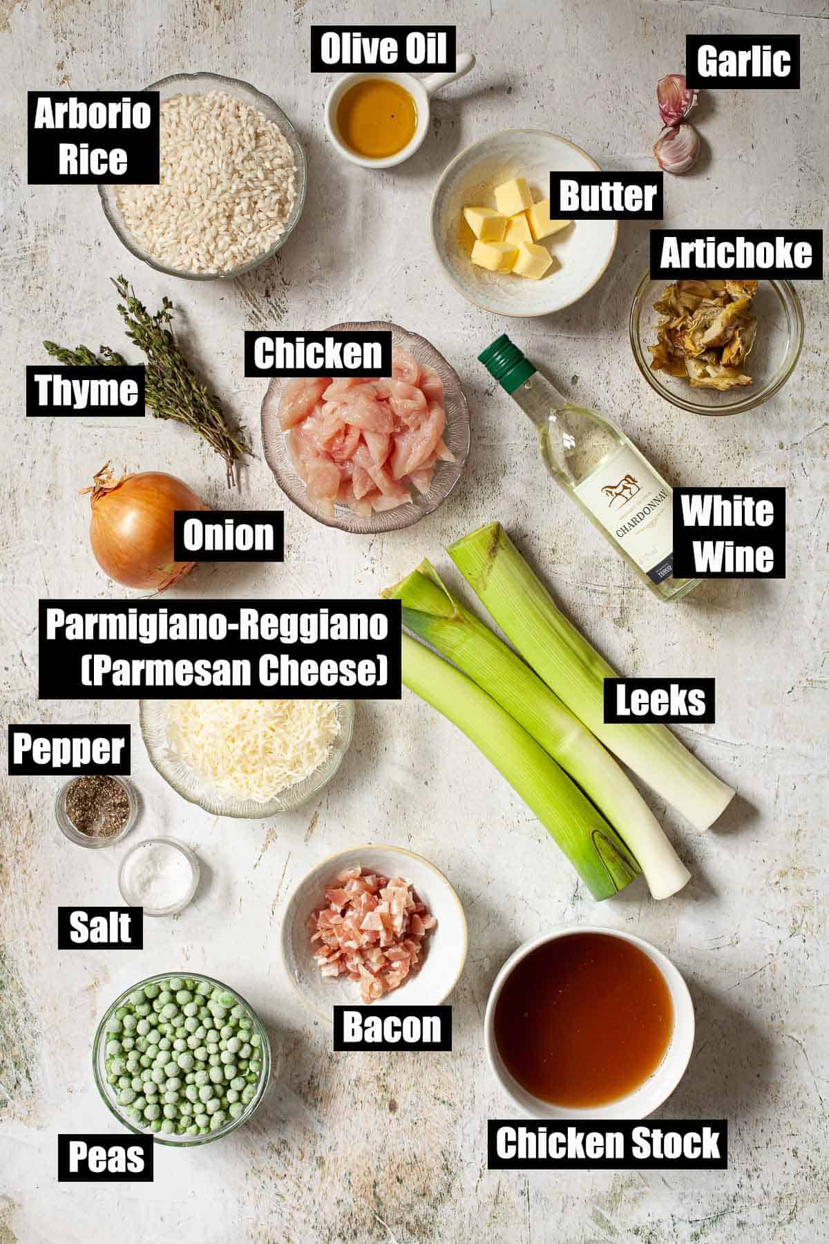 Ingredients for an Italian rice dish with text overlay.