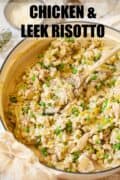 Chicken and leek risotto in a cooking pot with text overlay.