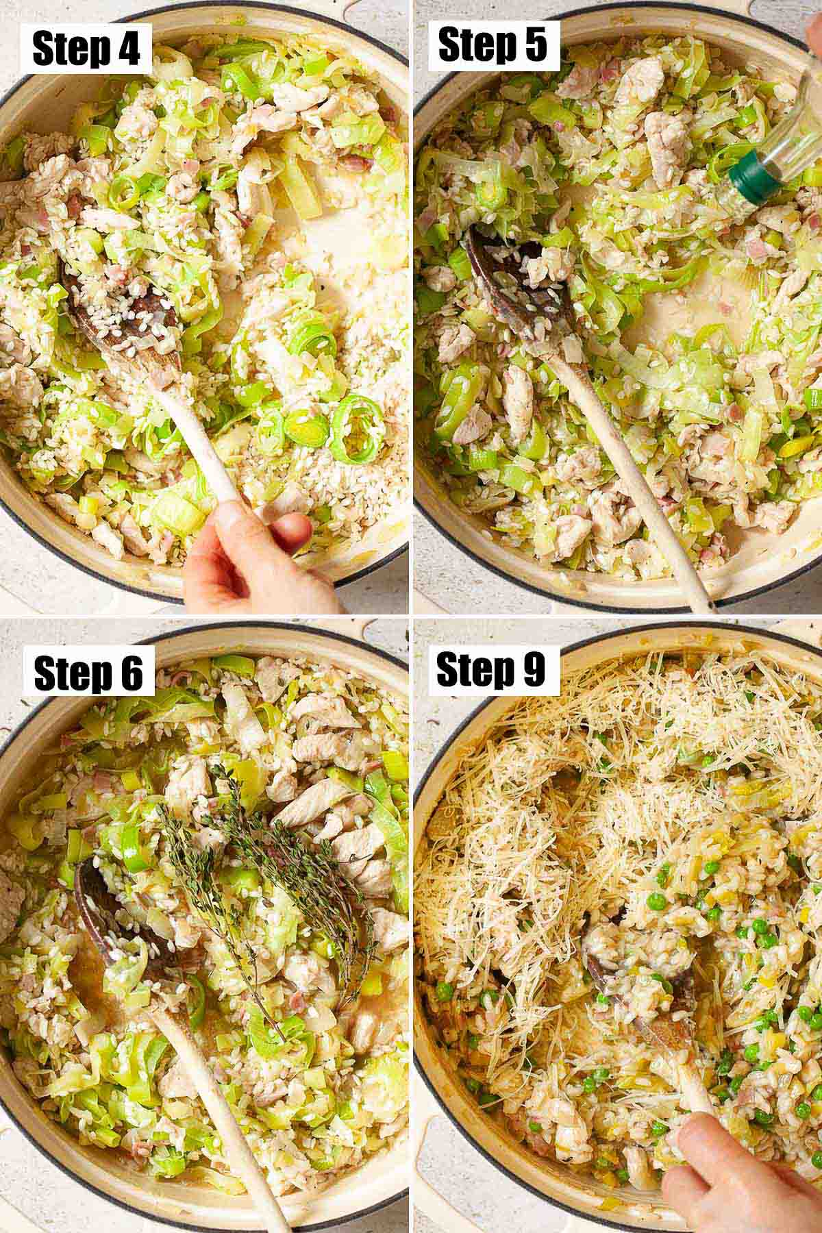 Collage of images showing Italian rice dish being made.