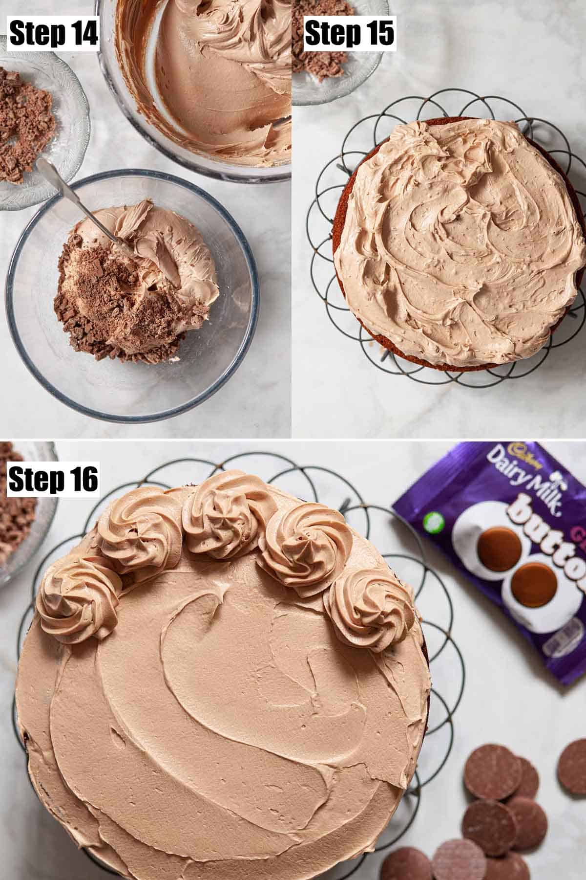 Collage of images showing milk chocolate buttercream being made and used.