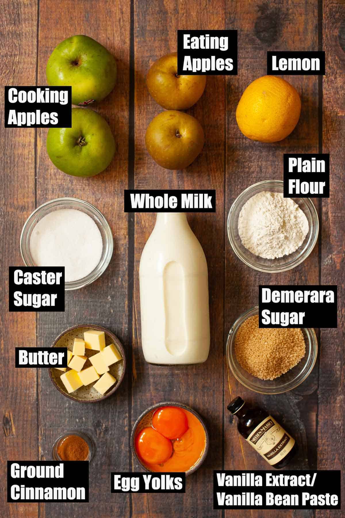 Ingredients for an apple and custard dessert with text overlay.