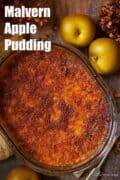 Malvern apple pudding with text overlay.