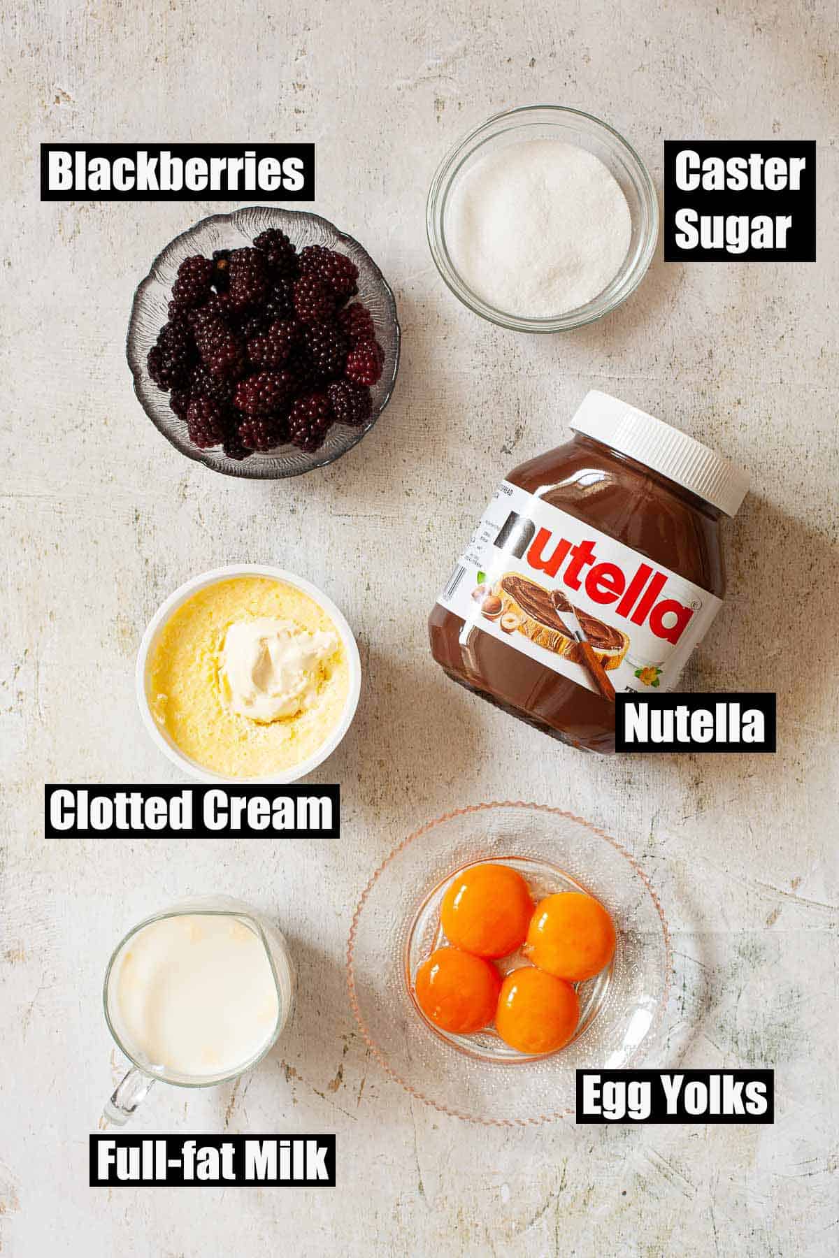 Ingredients for a frozen dessert with chocolate spread and fruit with text overlay.