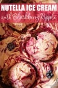 A close-up of chocolate ice cream with blackberry ripple. with text overlay.