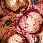 Close-up of Nutella ice cream with blackberry ripple.