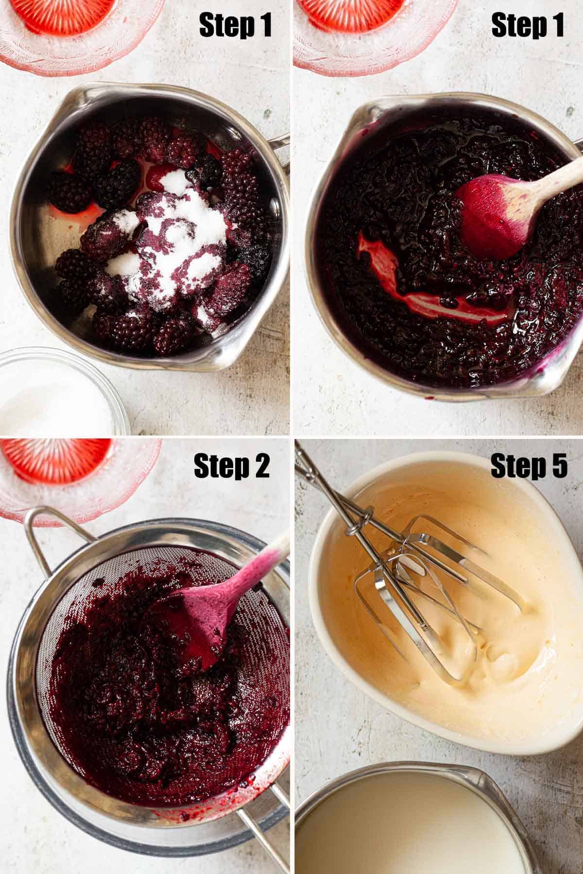 Collage of images showing fruit compote being made and eggs whipped up for custard.