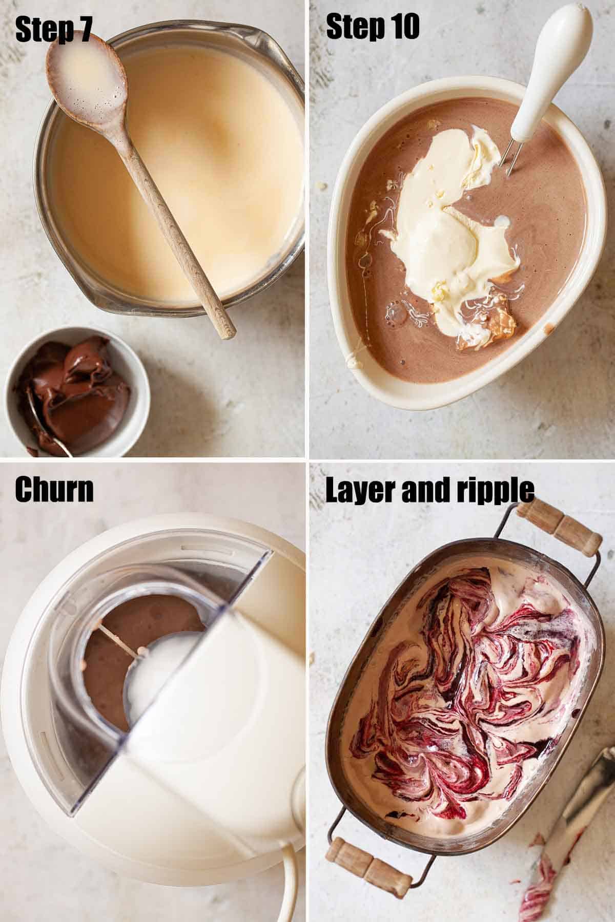 Collage of images showing ice cream being made.