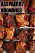 Squares of raspberry brownies with text overlay.