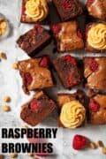 Squares of raspberry brownies with peanut butter frosting plus text overlay.