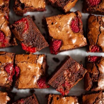 Close-up of raspberry brownies.
