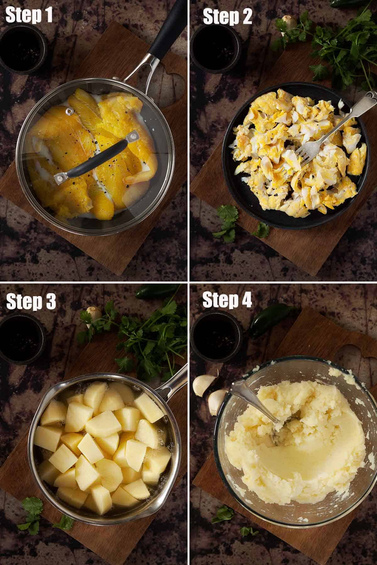 Collage of images showing fish and mashed potatoes being made.