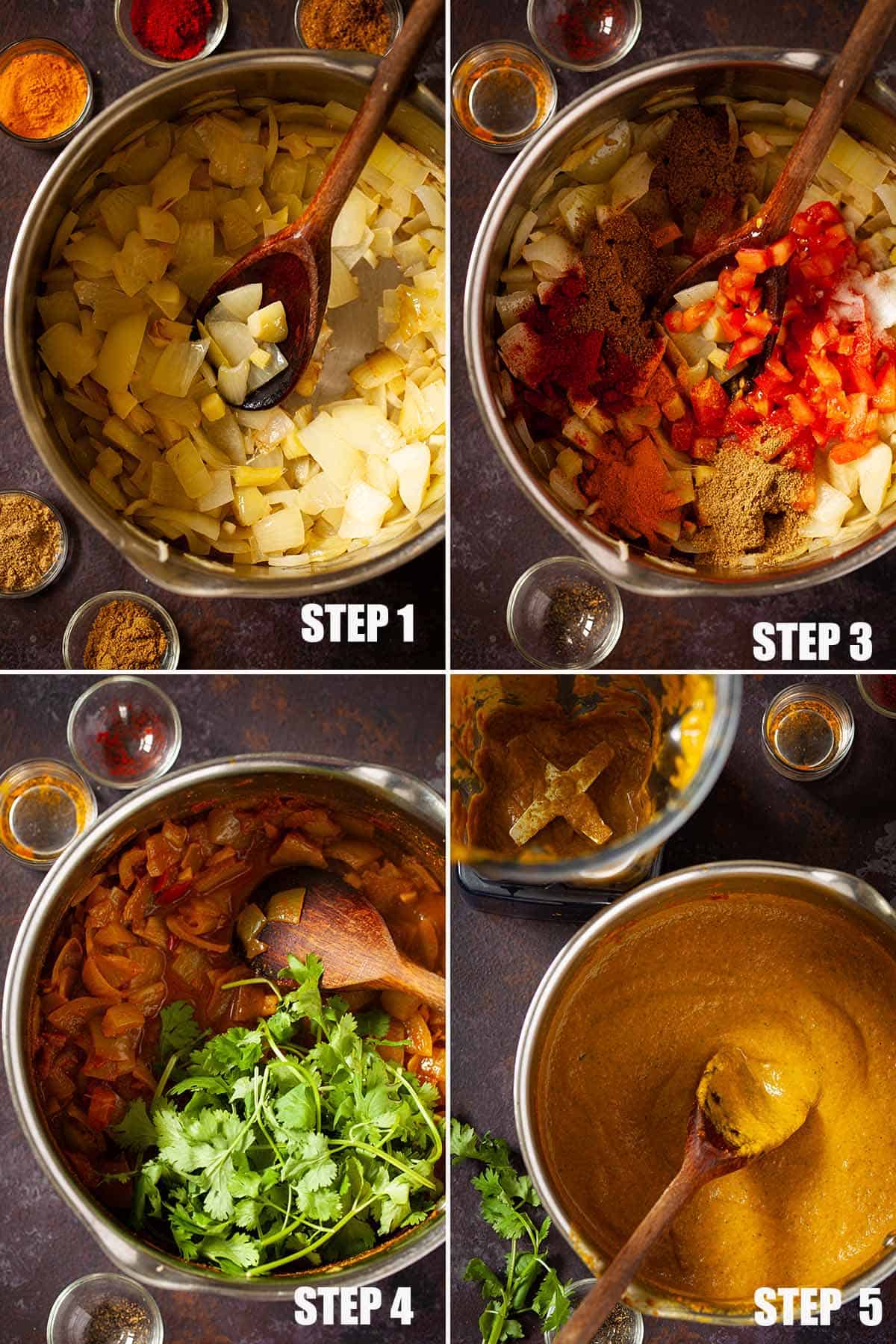 Collage of images showing balti sauce being made.