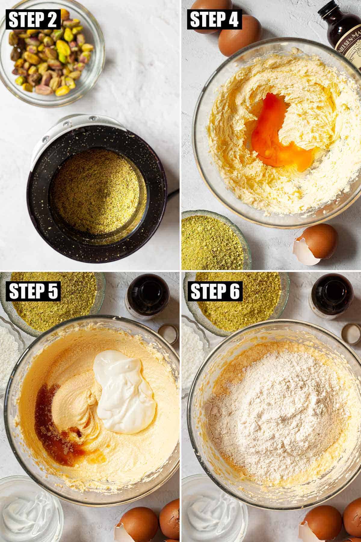 Collage of images showing sponge cake batter being made.