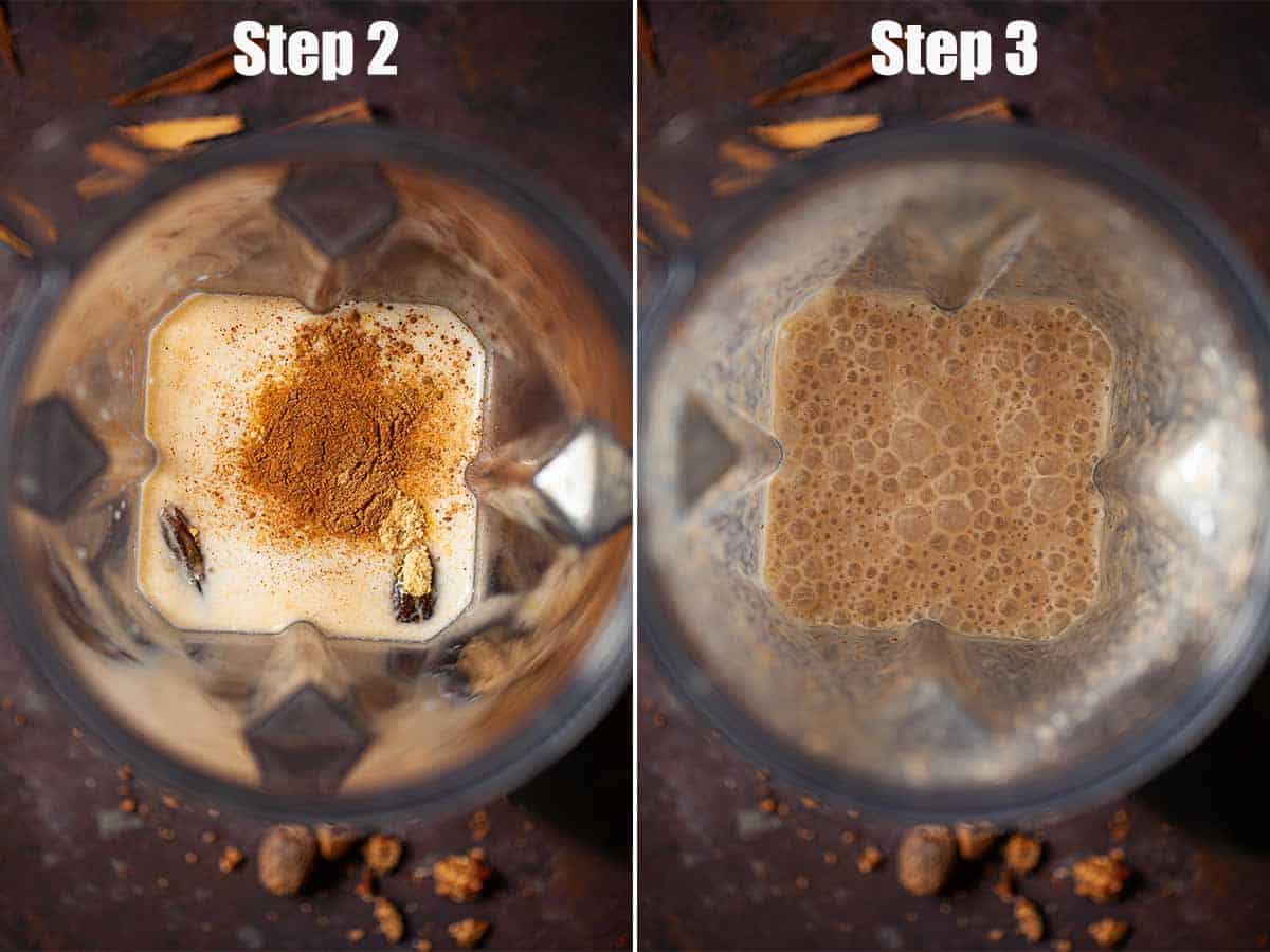 Images showing a milk and dried fruit drink being made in a blender.