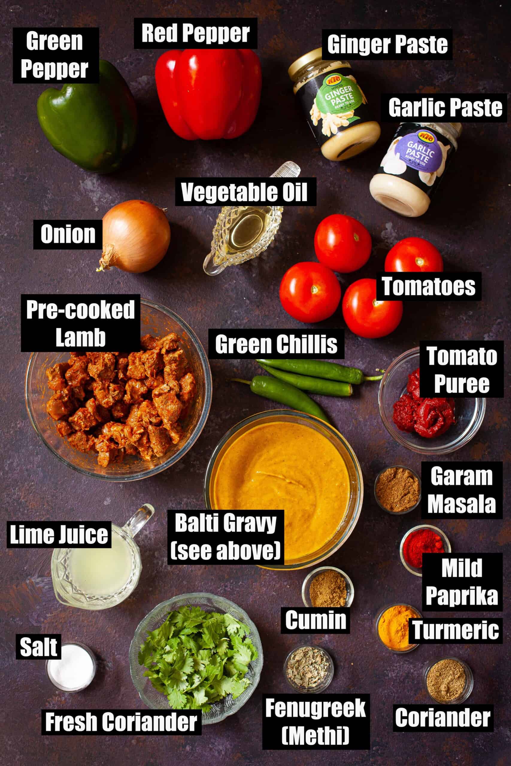 Labelled ingredients for a meat curry.