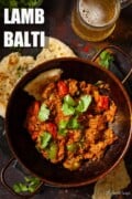 Lamb balti in a traditional balti bowl. With text overlay.