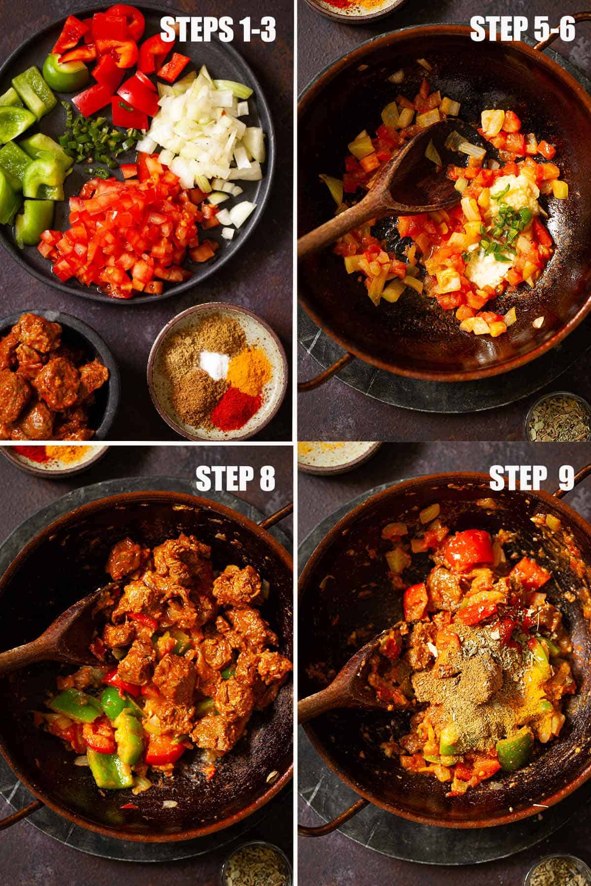 Collage of images showing lamb balti being cooked.