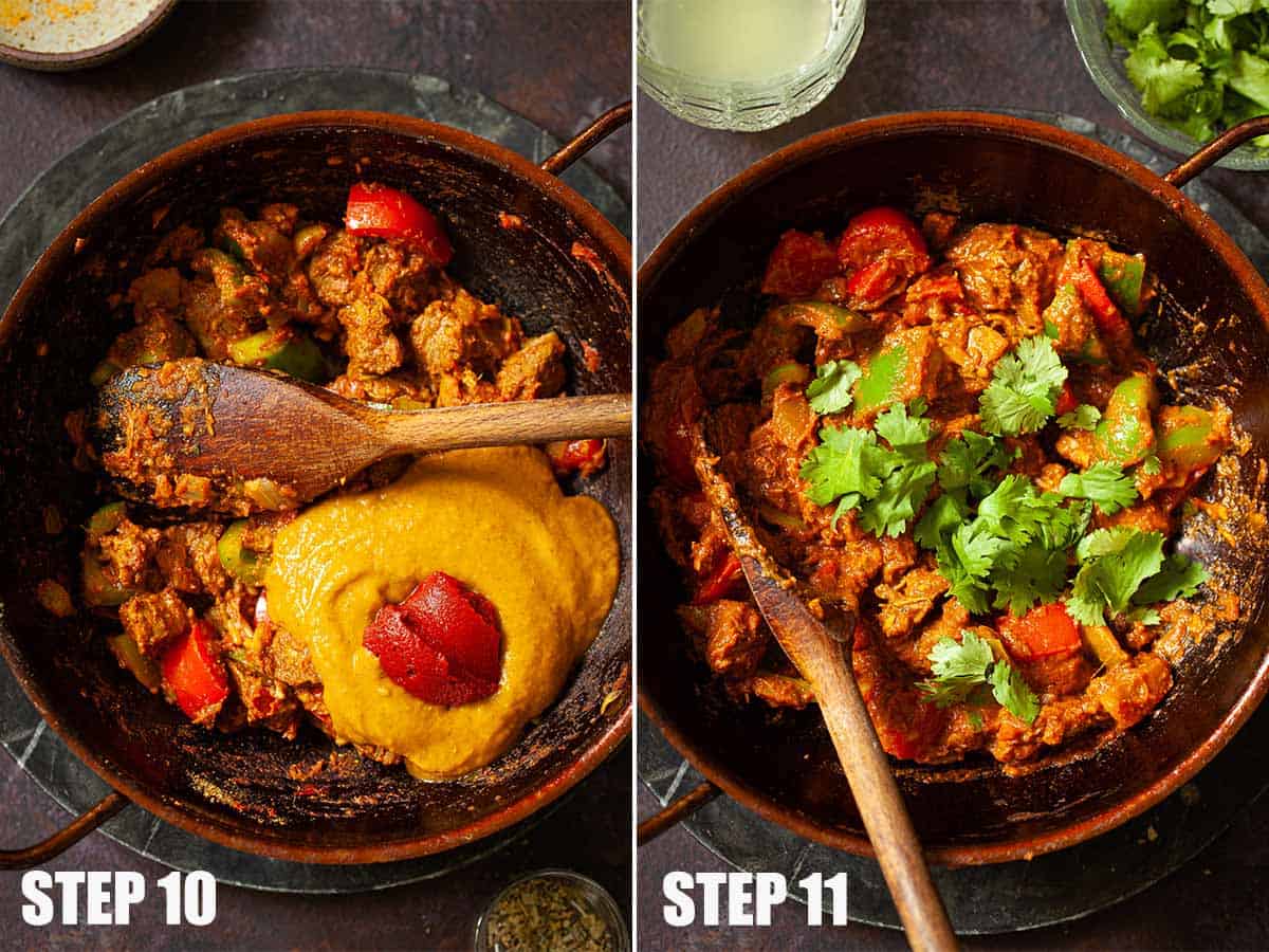 Collage of images showing a curry being cooked in a pressed steel bowl.