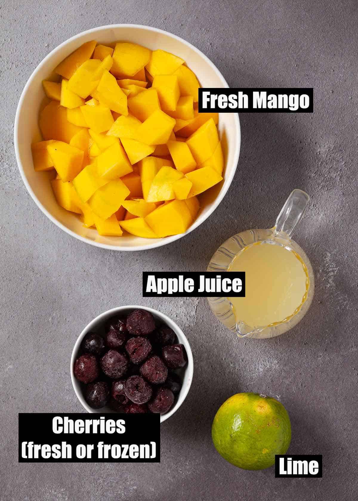Ingredients for fruit ice lollies with text overlay.