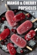 Large and miniature healthy cherry popsicles on a plate of ice with text overlay.