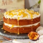 A passion fruit curd cake with mascarpone cream topping.