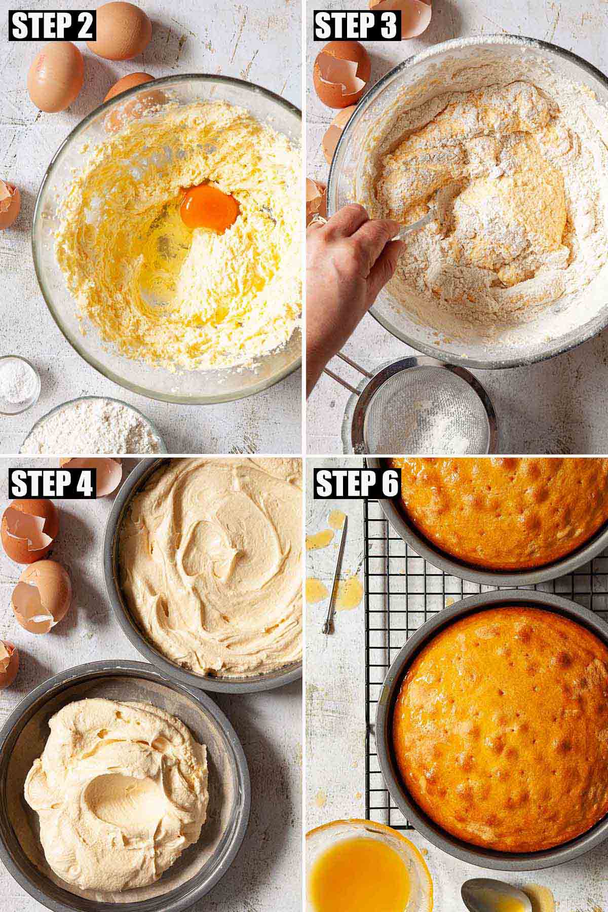 Collage of images showing passion fruit cake being made.
