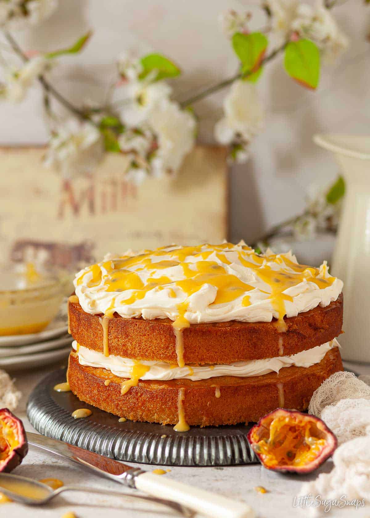 A passion fruit sponge cake with mascarpone topping and passion curd.