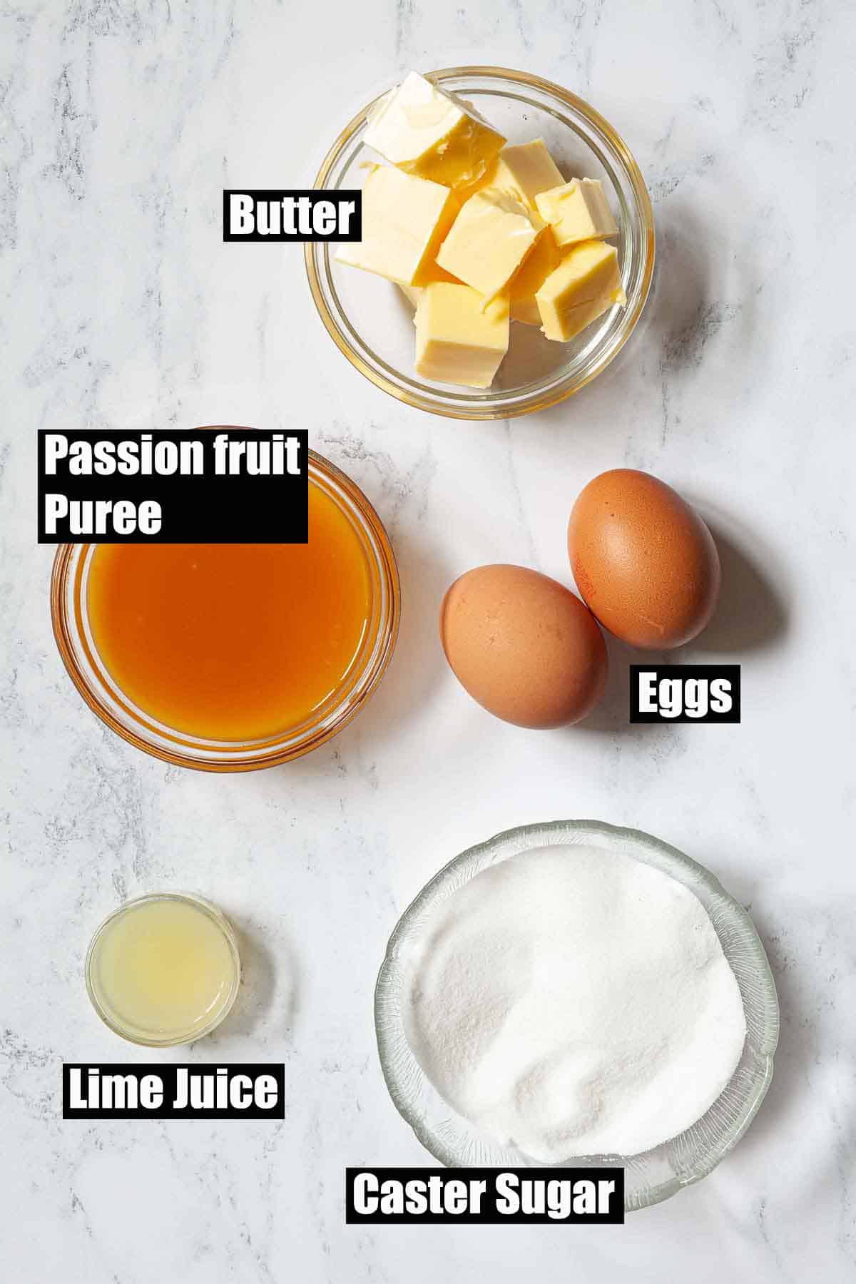 Ingredients for passionfruit butter with text overlay.