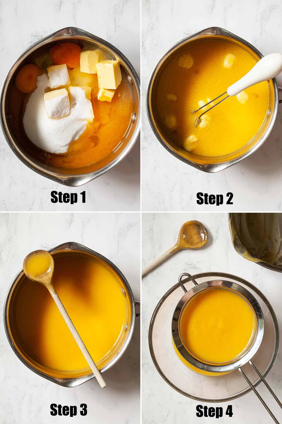 Collage of images showing passionfruit butter being made.