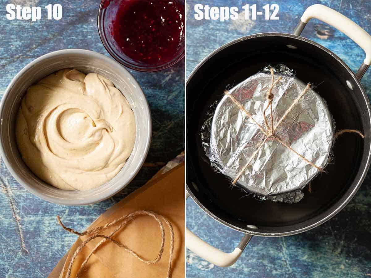 Collage of images showing a jam and sponge dessert being assembled and cooked.