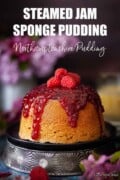 a steamed jam sponge pudding with text overlay.