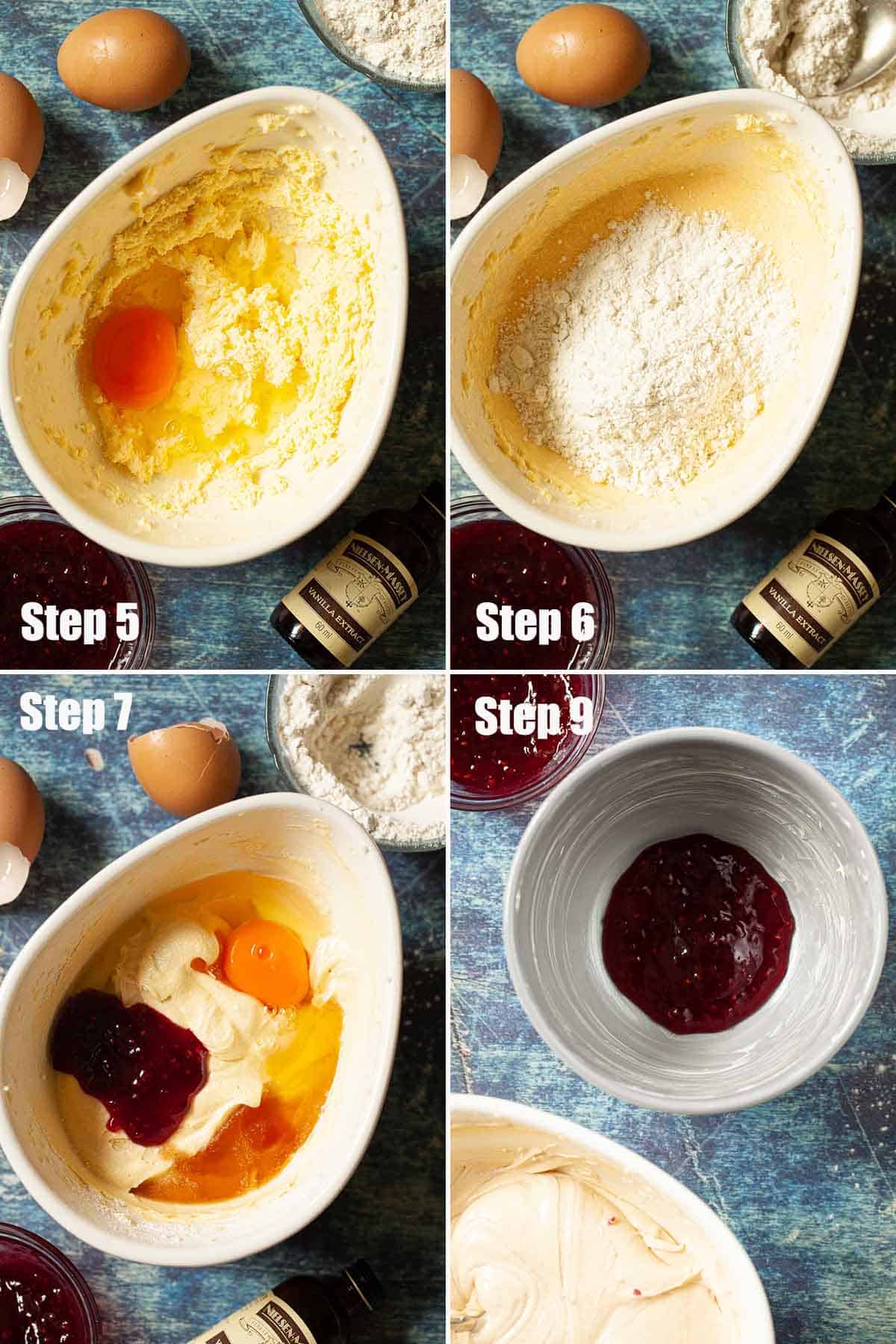 Collage of images showing sponge steamed dessert being made.