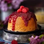 Steamed Jam and Sponge Pudding topped with fresh raspberries.