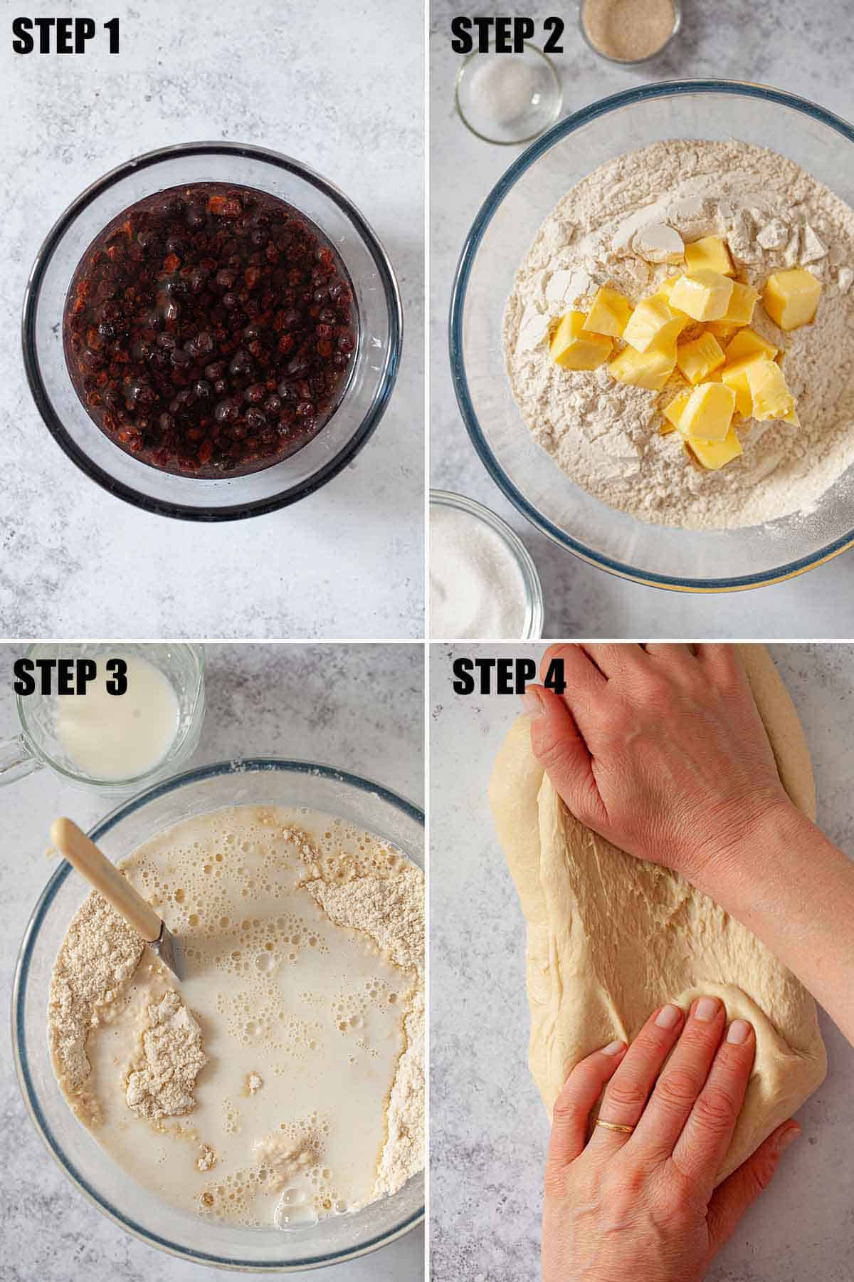 Collage of images showing ingredients for English currant buns being prepared.