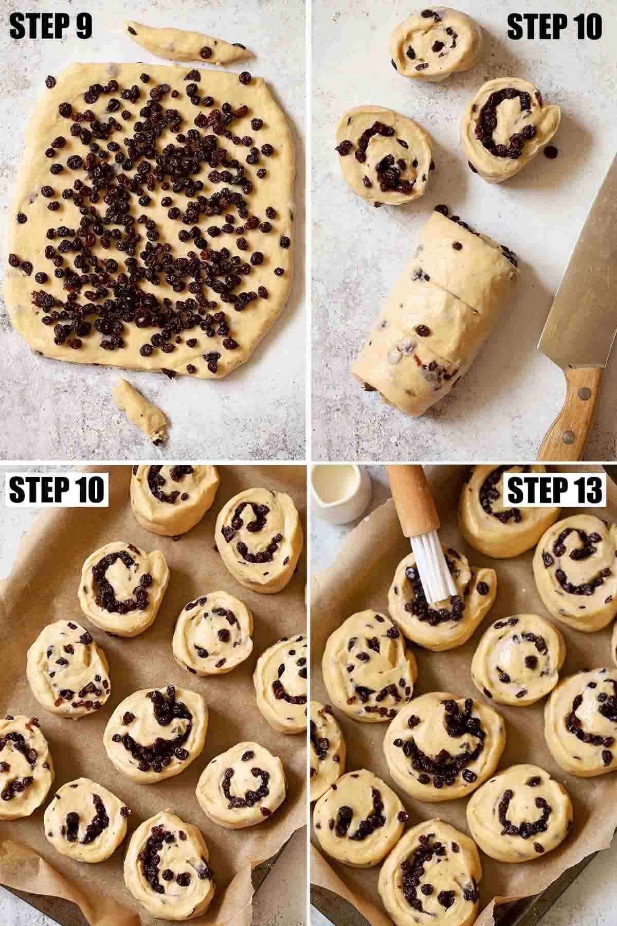 Collage of images showing sweetened bread rolls with dried fruit being rolled and cut.