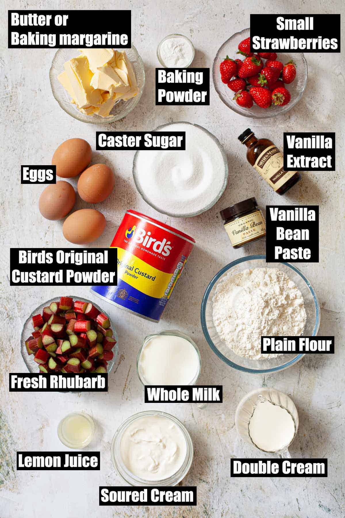 Labelled ingredients for a custard powder sponge cake.