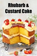 Cut into custard cake with custard cream, rhubarb compote and strawberries. With text overlay.