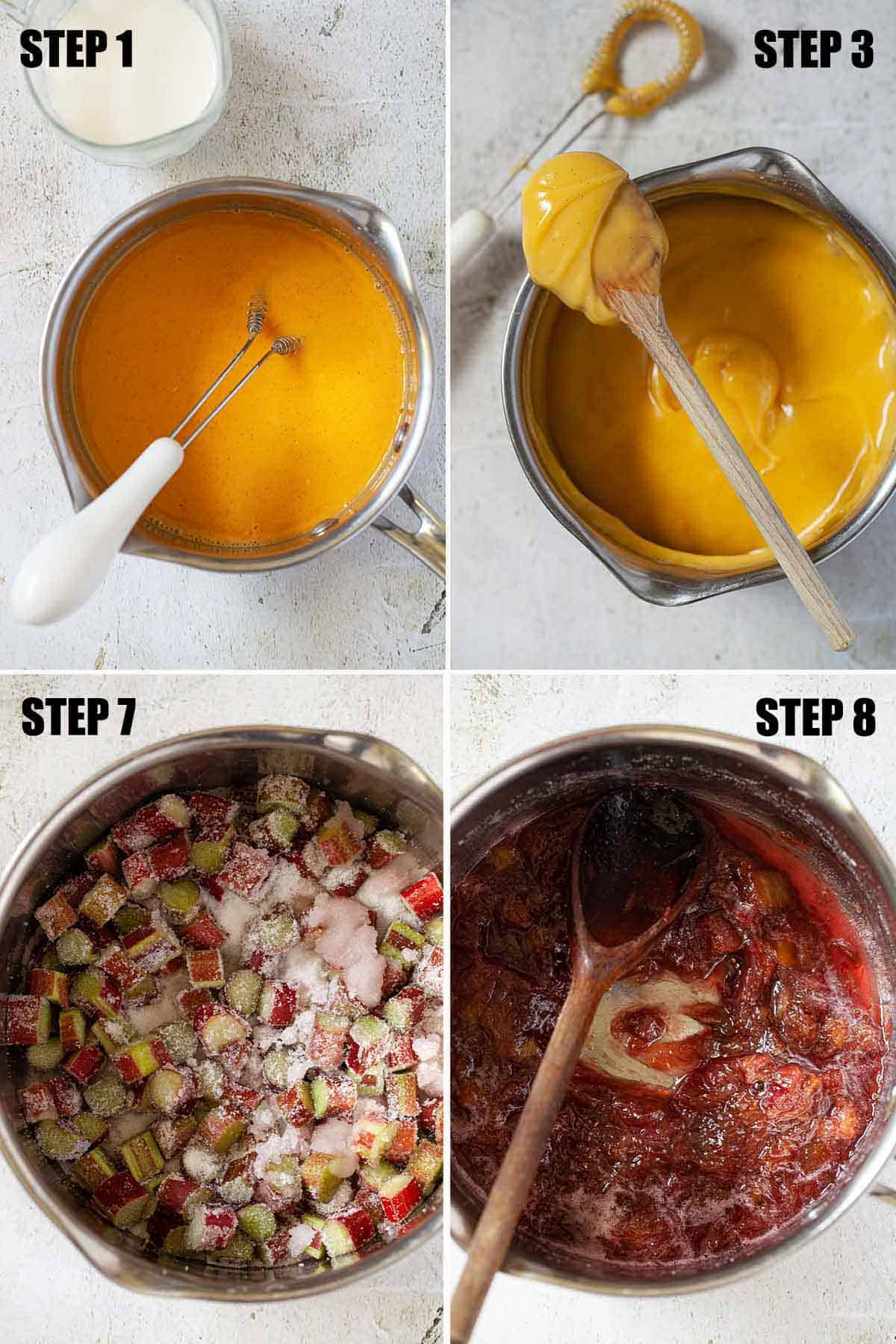 Collage of images showing compote and a milk based filling being prepared.