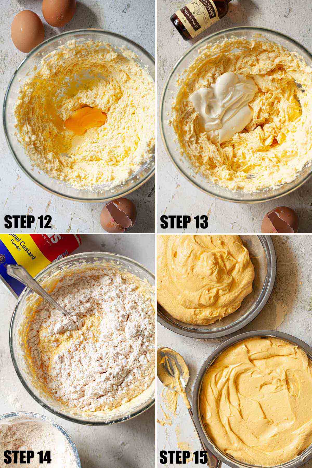 Collage of images showing yellow sponge batter being made.