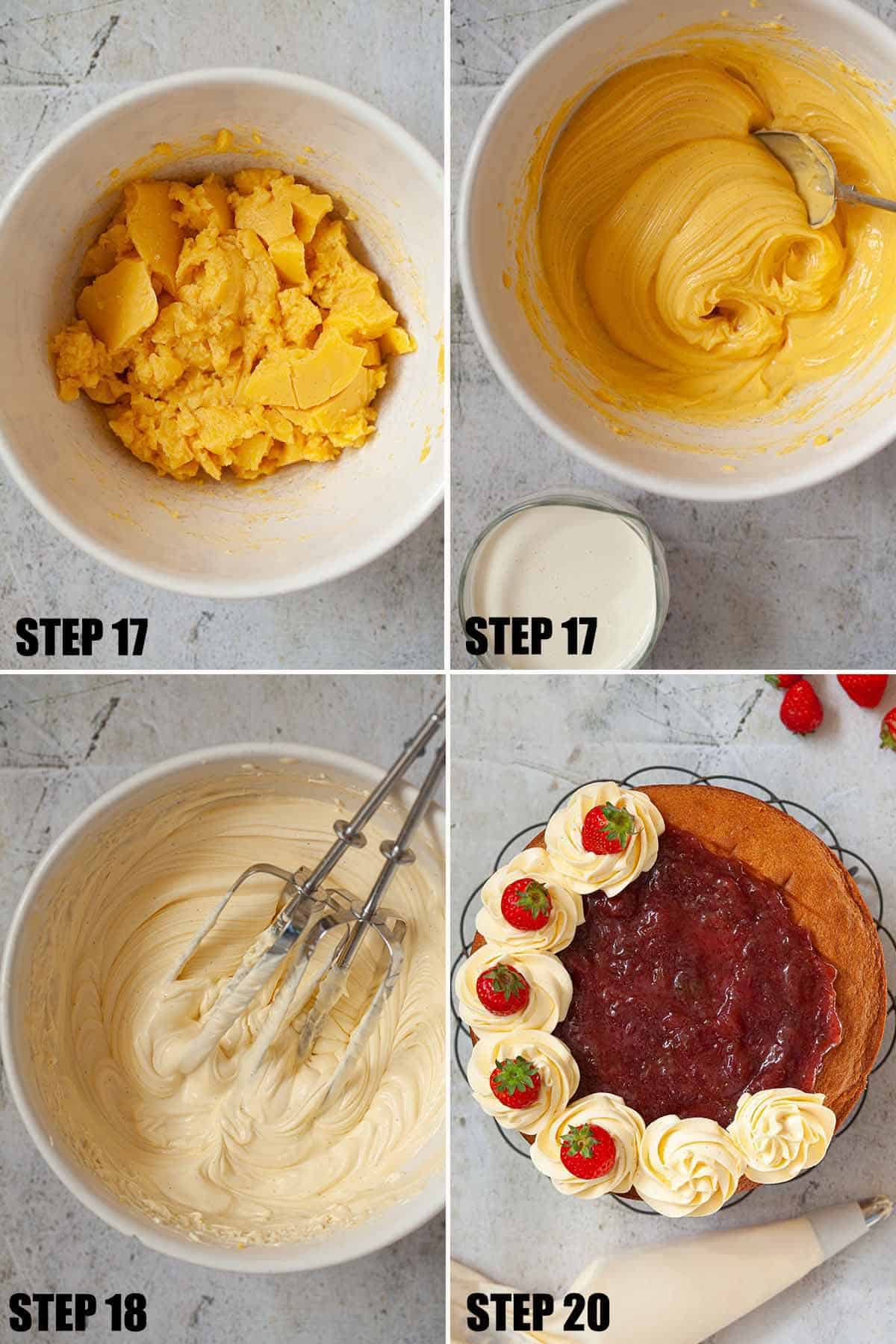 Collage of images showing a custard cream filling being prepared for decorating a cake.