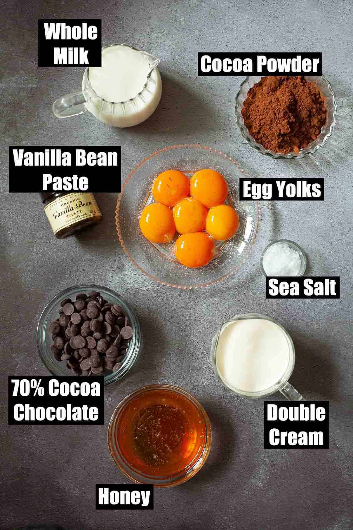 Labelled ingredients for double chocolate ice cream with honey and sea salt.