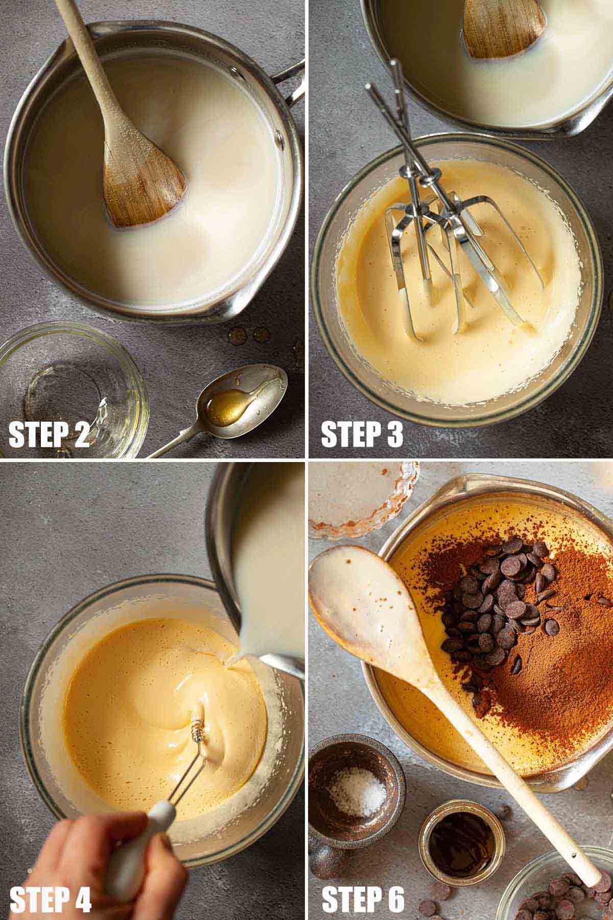 Collage of images showing a custard base being made.