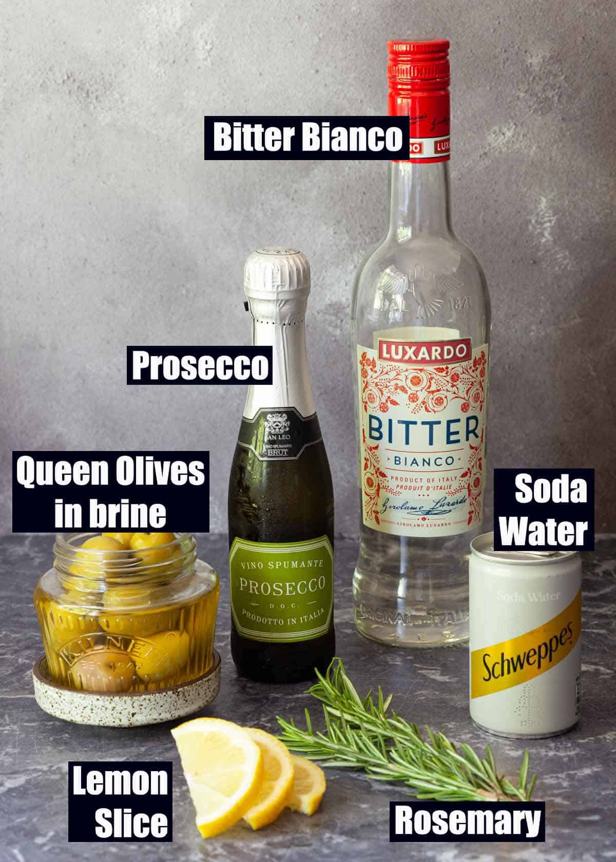 Ingredients for an Italian bitters cocktail with text overlay.