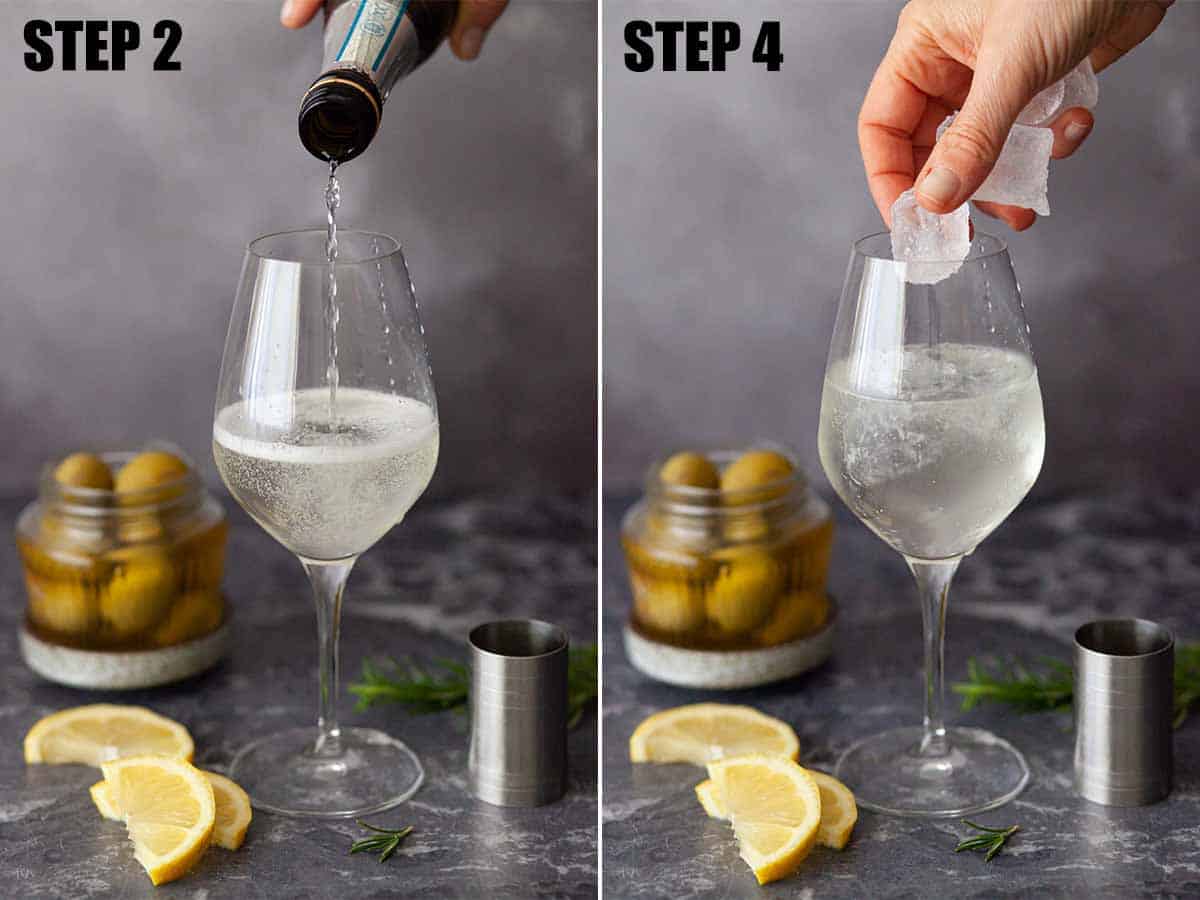 Collage of images showing an Italian bitters cocktail being made.