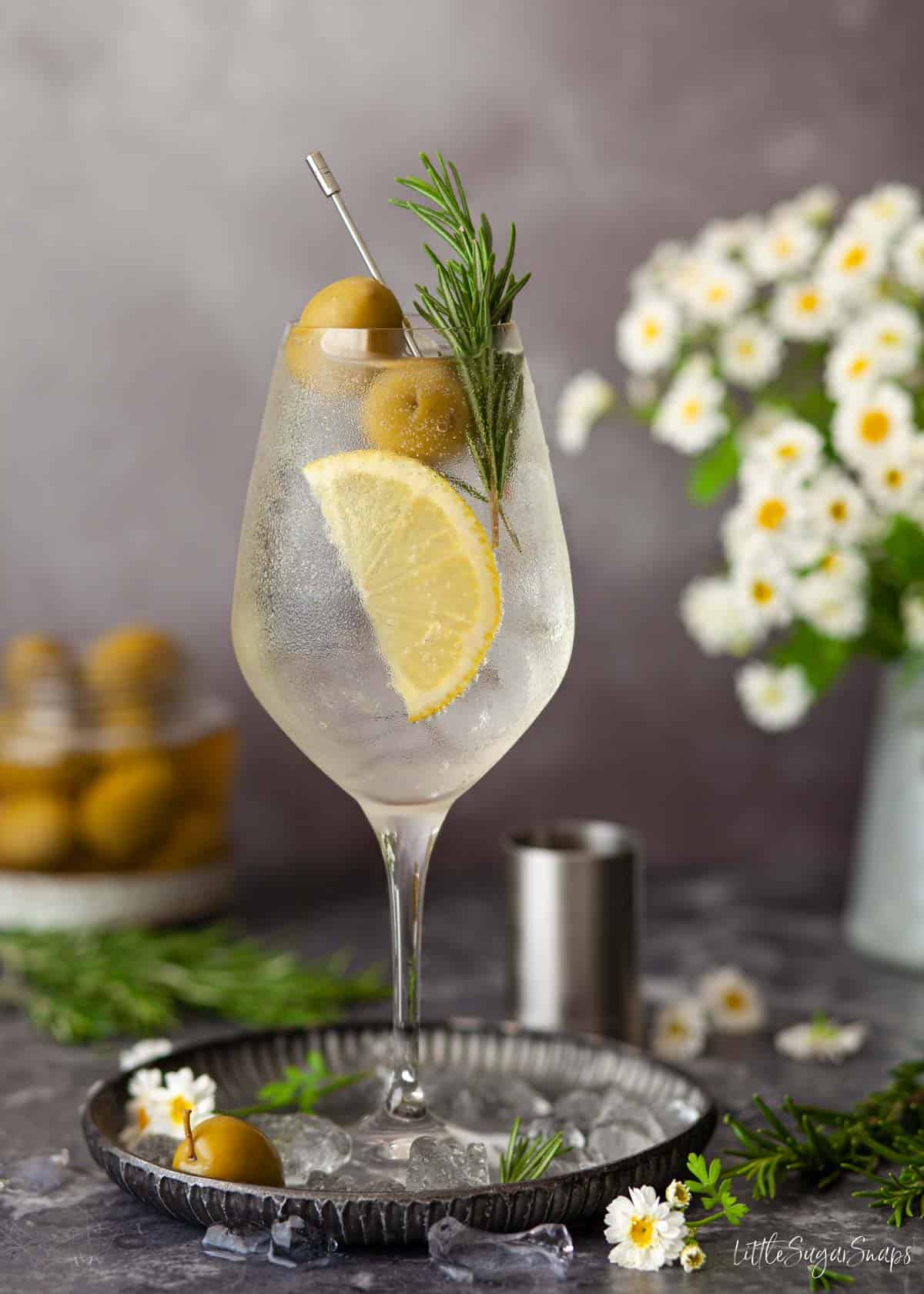 A spritz Veneziano made with bitter bianco and garnished with lemon.