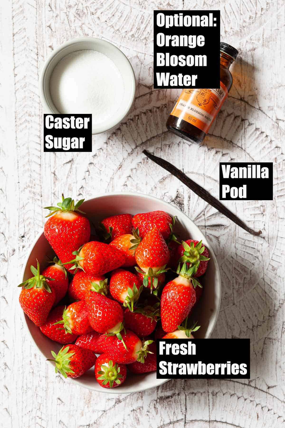 Labelled ingredients for strawberry compote.