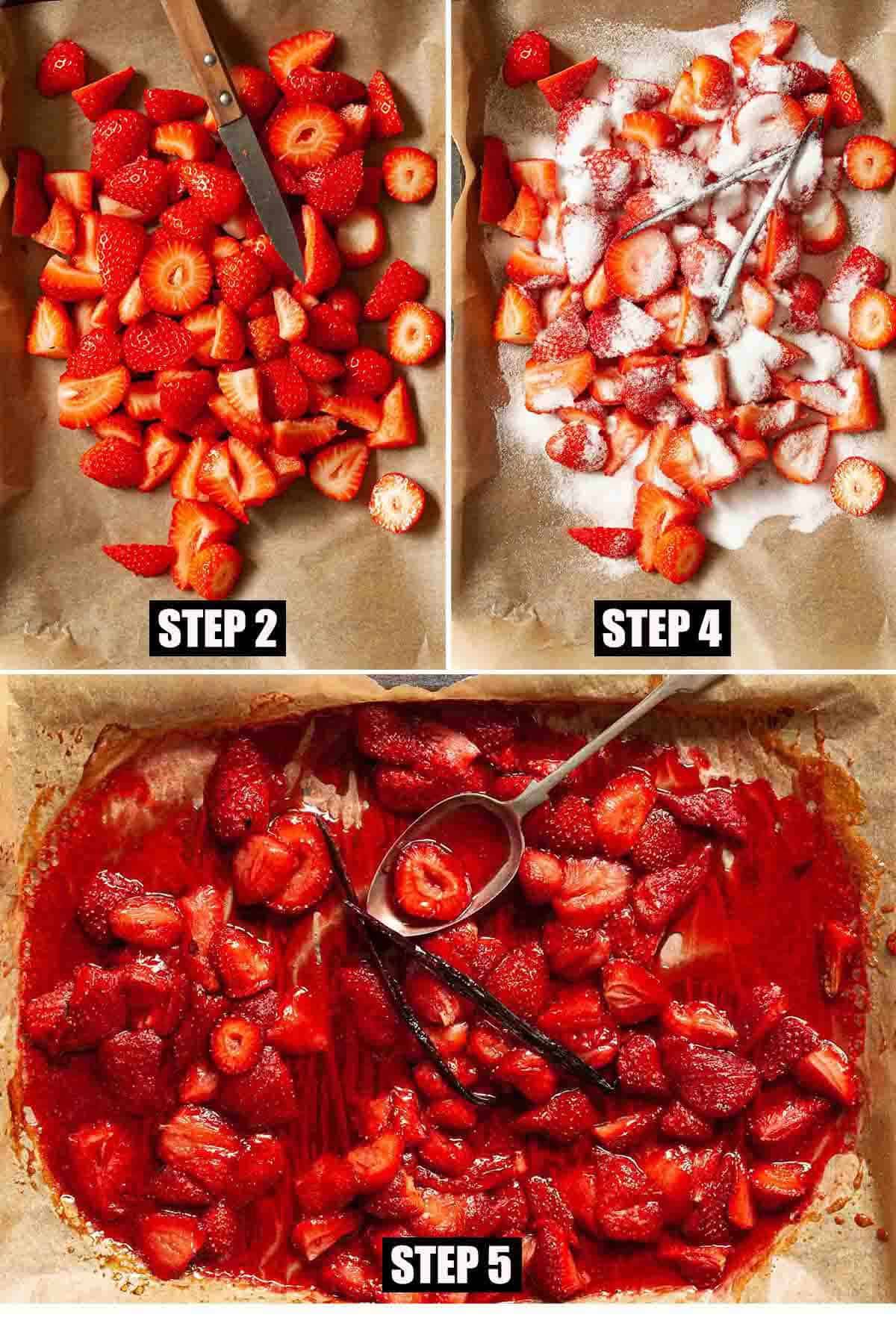 Collage of images showing strawberry cheesecake sauce being made.